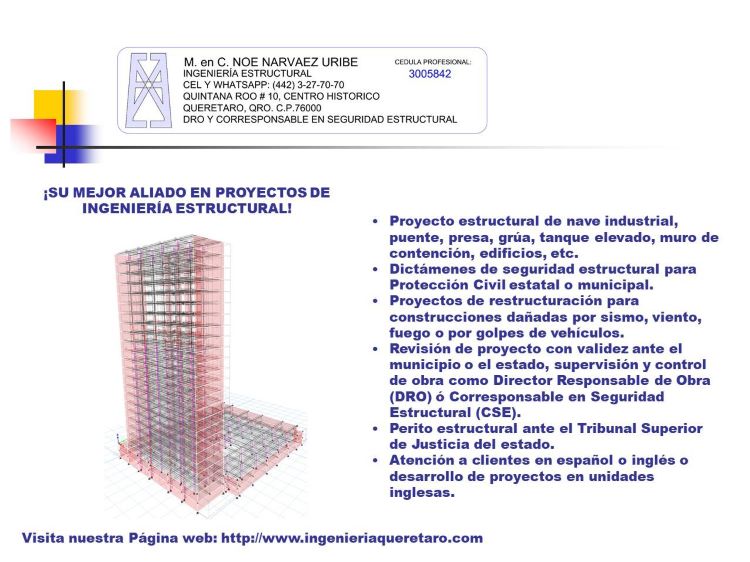 Proyectos Estructurales NarvÃ¡ez, ingenierÃ­a estructural, diseÃ±o de nave, puente, presa, grÃºa, tanque elevado, muro de contenciÃ³n, Director Responsable de Obra, Corresponsable en seguridad estructural, estructurista